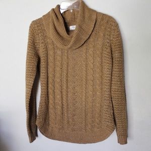 RD Style Cowl Neck Cable Knit Sweater Camel Brown